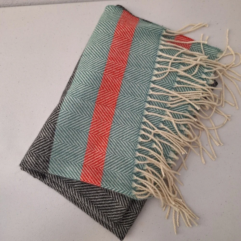 Herringbone Scarf Shawl Wrap Teal Coral Gray Neutral Fringe Ends Cozy Warm